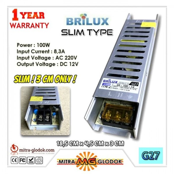 Power Supply Trafo Brilux DC 12V 8.3A | 100W + Slim (Super Quality)